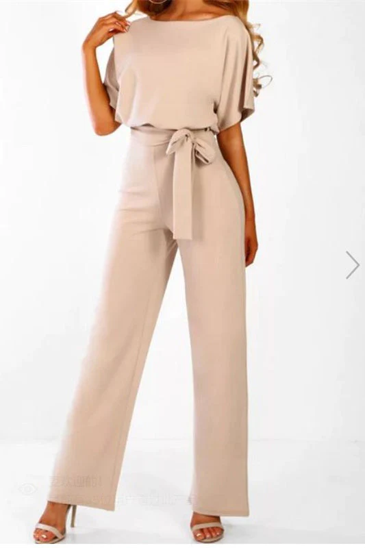 Casual Short Sleeve Belted Jumpsuit Long Pants Back Keyhole Overall Romper